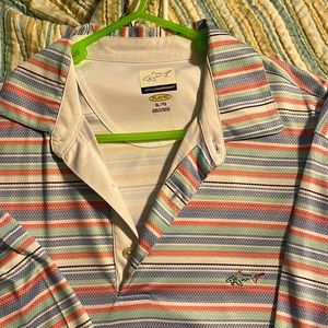 Greg Norman mens golf polo XL, white, navy, salmon and teal stripes.